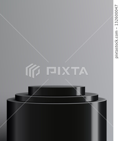 3D glossy black podium pedestal mockup for luxury product display. Minimalist geometric cylinder stand on a neutral gray background for commercial showroom presentation 3D glossy black podium pedestal mockup for luxury product display. Minimalist geometric cylinder stand on a neutral gray background for commercial showroom presentation 132600047