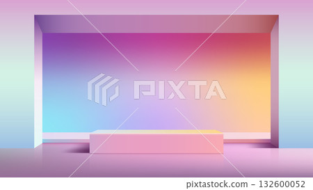 3D minimal product display podium mockup on vibrant holographic gradient background for modern advertising and cosmetic showcase 3D minimal product display podium mockup on vibrant holographic gradient background for modern advertising and cosmetic showcase 132600052