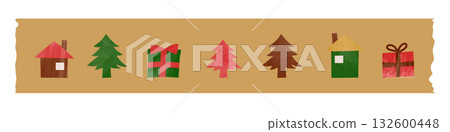 A piece of masking tape with a tree and gift pattern. Christmas watercolor picture book. A piece of masking tape with a tree and gift pattern. Christmas watercolor picture book. 132600448