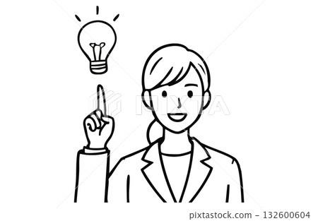 A businesswoman with an inspired expression and a light bulb icon (upper body, monochrome line drawing) 132600604