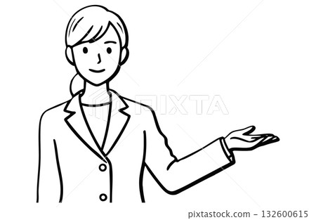 A businesswoman in a suit guiding with her left hand (full body, monochrome line drawing) 132600615