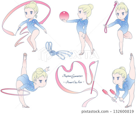 A clip art collection of young female rhythmic gymnasts in five disciplines: ribbon, ball, hoop, rope, and club. 132600819