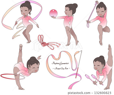 A clip art collection of young female rhythmic gymnasts in five disciplines: ribbon, ball, hoop, rope, and club. 132600823