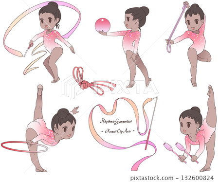 A clip art collection of young female rhythmic gymnasts in five disciplines: ribbon, ball, hoop, rope, and club. 132600824