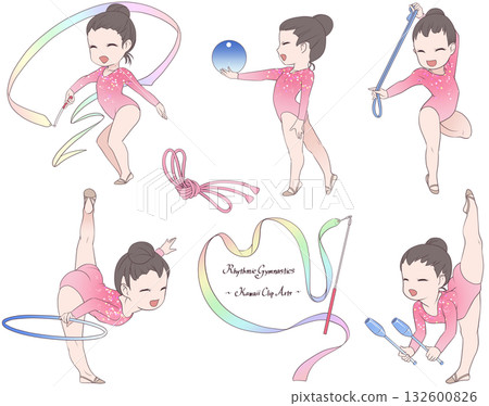 A clip art collection of young female rhythmic gymnasts in five disciplines: ribbon, ball, hoop, rope, and club. 132600826