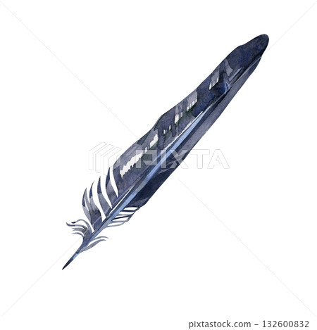 Watercolor black crow feather isolated on white. Mystical symbol of protection, spirit, and transformation. Ideal for rituals, shamanic art, magical design, or spiritual illustrations 132600832