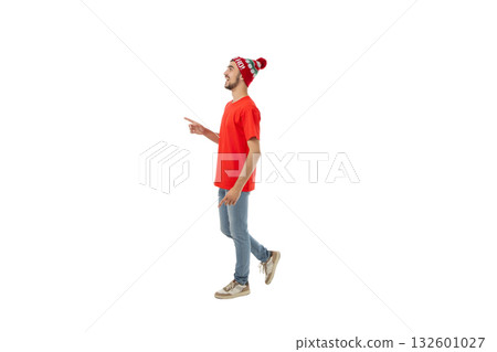 Person in winter wear joyfully gestures, isolated, PNG Person in winter wear joyfully gestures, isolated, PNG 132601027