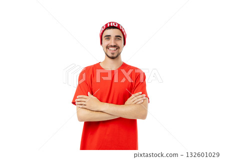 Man in red shirt and festive hat celebrating, isolated, PNG 132601029
