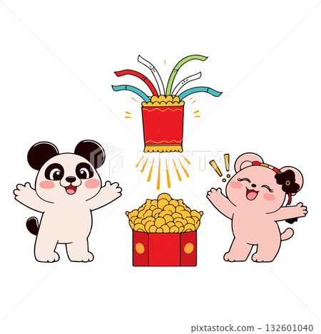 Cartoon Panda and Bear with Treasure 132601040