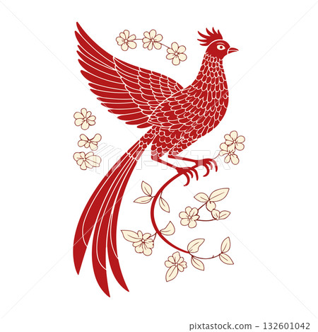 Stylized Red Pheasant with Floral Accents 132601042