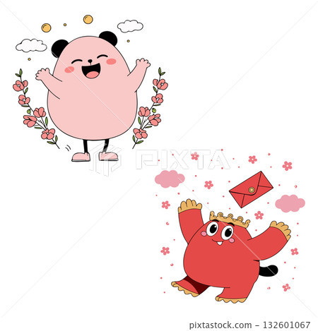 Cartoon Creatures with Flowers and Envelope 132601067