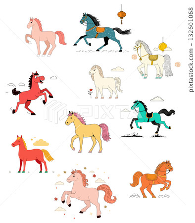 Colorful Cartoon Horses Illustration 132601068