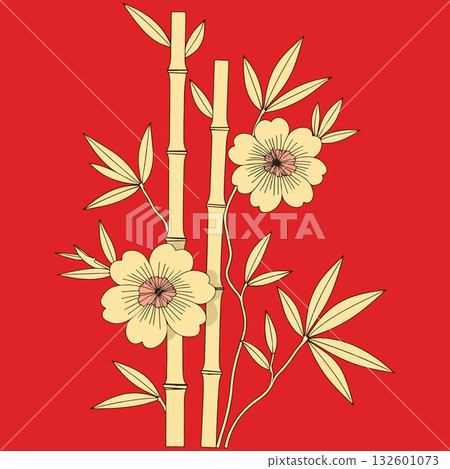 Bamboo and Flower Illustration on Red Background Bamboo and Flower Illustration on Red Background 132601073
