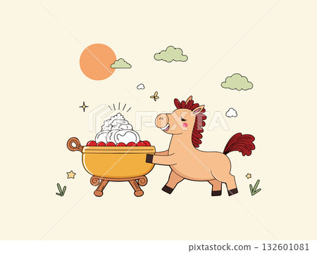 Cartoon Horse with Dessert Cart Cartoon Horse with Dessert Cart 132601081
