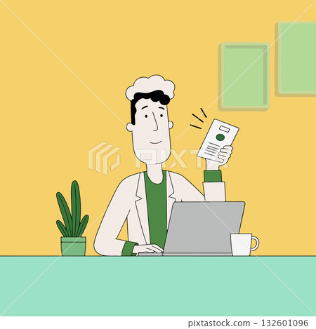 Man working on laptop with document Man working on laptop with document 132601096