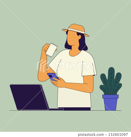 Woman Working with Laptop and Mobile 132601097
