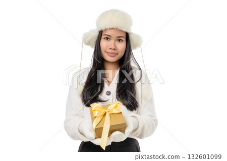 Happy woman with a beautifully wrapped gift, isolated, PNG Happy woman with a beautifully wrapped gift, isolated, PNG 132601099