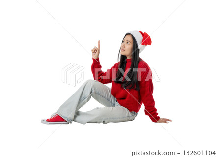 Woman in Christmas hat smiles at winter joys, isolated, PNG 132601104