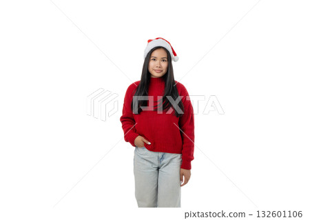 Woman in festive attire ready for winter celebrations, isolated, PNG 132601106