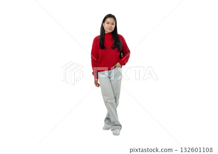 Woman stands in a relaxed pose wearing a red sweater, isolated, PNG Woman stands in a relaxed pose wearing a red sweater, isolated, PNG 132601108