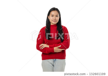 Woman in red sweater preps for winter, isolated, PNG Woman in red sweater preps for winter, isolated, PNG 132601109