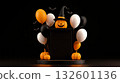 A halloween pumpkin with a witch hat and balloons on a podium 132601136