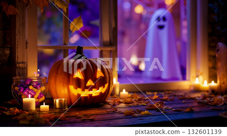 A jack-o-lantern sitting on a wooden table next to a window with candles and a ghost in the background A jack-o-lantern sitting on a wooden table next to a window with candles and a ghost in the background 132601139