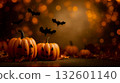 A group of pumpkins sitting on top of a table with bats flying around them 132601140