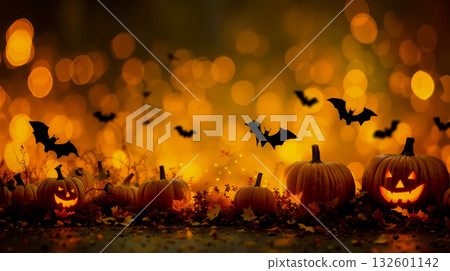 A group of pumpkins and bats flying over a field of leaves A group of pumpkins and bats flying over a field of leaves 132601142