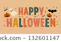 A happy halloween greeting card with a ghost pumpkins bats and stars 132601147