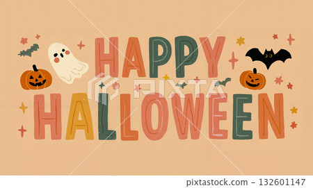 A happy halloween greeting card with a ghost pumpkins bats and stars A happy halloween greeting card with a ghost pumpkins bats and stars 132601147