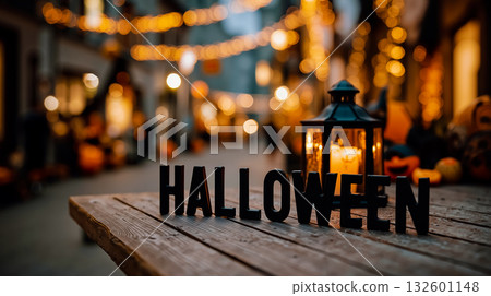 A wooden table with the word HALLOWEEN spelled out in black letters on it A wooden table with the word HALLOWEEN spelled out in black letters on it 132601148