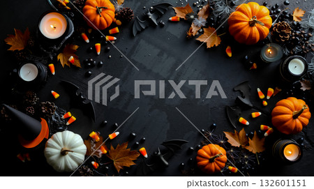 A black background with pumpkins candles candy corn and other Halloween decorations A black background with pumpkins candles candy corn and other Halloween decorations 132601151