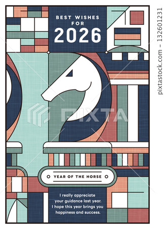 2026 年馬年新年賀卡，裝飾藝術風格的象棋圖案 132601231