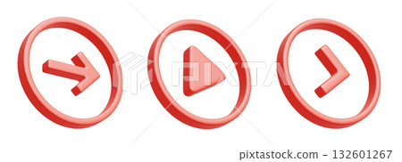 一組包含三個圓形 3D 箭頭圖示的圖示集。簡單的向右箭頭 UI 的 3D 插圖。 132601267