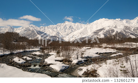 Snow-capped Northern Alps mountain range, Hakuba Village, Nagano Prefecture 132601279