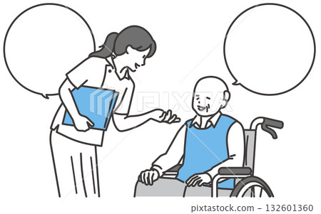 圖：一位坐在輪椅上的老人正在和護士交談。 132601360