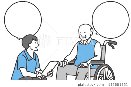 圖：一位坐在輪椅上的老人正在和護理人員交談 132601361