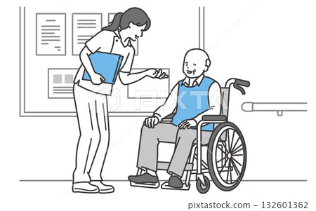 圖：一位坐在輪椅上的老人正在和護士交談。 132601362