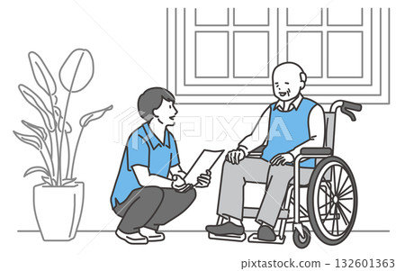 Illustration of a senior man in a wheelchair talking to a caregiver 132601363