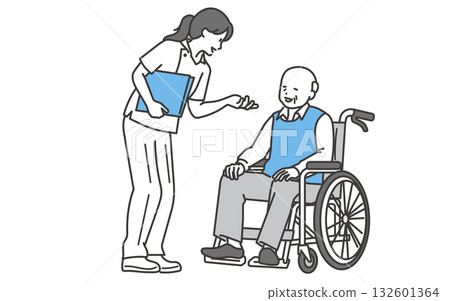 圖：一位坐在輪椅上的老人正在和護士交談。 132601364