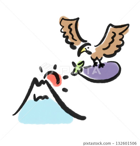 先是富士，後是鷹，後是茄子－吉祥的第一夢，新年素材，水墨畫 132601506