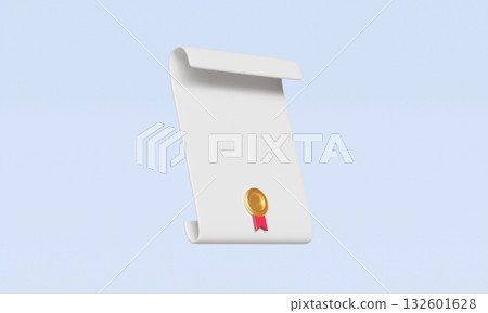 Certificate Scroll with Gold Seal and Red Ribbon Mock up. 3D Rendering. Certificate Scroll with Gold Seal and Red Ribbon Mock up. 3D Rendering. 132601628