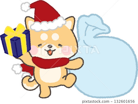 Frame of a red Shiba Inu wearing a Santa hat holding a gift bag and a bag Frame of a red Shiba Inu wearing a Santa hat holding a gift bag and a bag 132601656