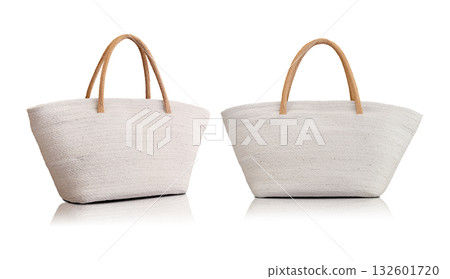 Set of white wicker bag or woven handmade bag isolated on white background Set of white wicker bag or woven handmade bag isolated on white background 132601720