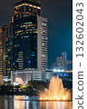 modern building against illuminated night fountain, sleek architecture reflecting over vibrant city water feature 132602043