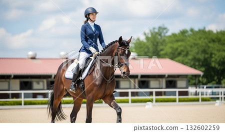 一位微笑的日本女子正在馬術俱樂部上課。 132602259