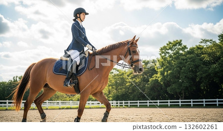 一位戴著頭盔、穿著騎馬服的女子騎馬（側面角度） 132602261