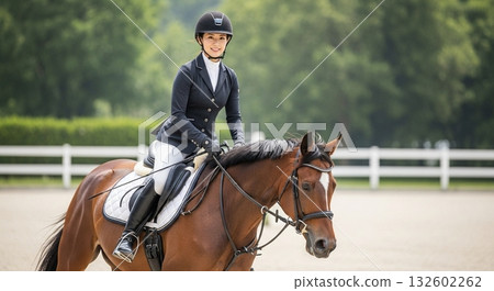 Smiling woman in a helmet taking a horse riding lesson 132602262