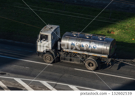 Milk tanker truck on the city road Milk tanker truck on the city road 132602539